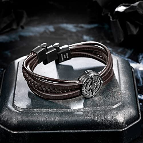 Pulsera de cuero y acero para hombre con brújula miniatura 4