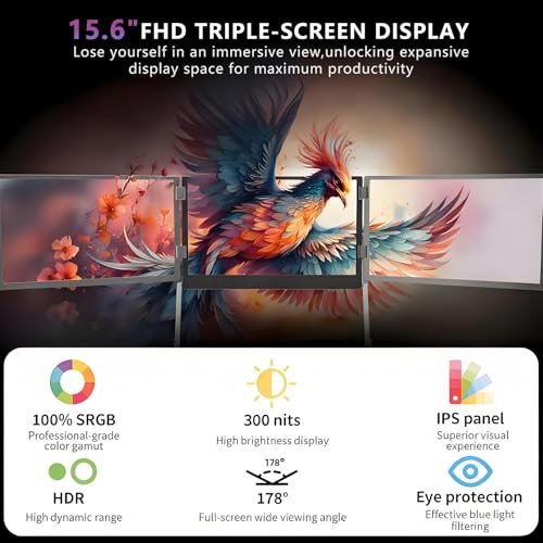 Image of 15.6 inch Foldable Triple Screen Laptop Extender,178 Fully-Screen Viewing Angle,1080P FHD IPS Display,60hz Refresh Rate,300 Nits Brightness,for Design Movie Game