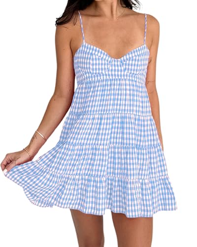 Cusghjbsg Ärmelloses Cami-Kleid für Damen, kariert, Y2K, Herzausschnitt, Spaghettiträger, gestuft, rückenfrei, Schnürung, A-Linie, Strandparty,...
