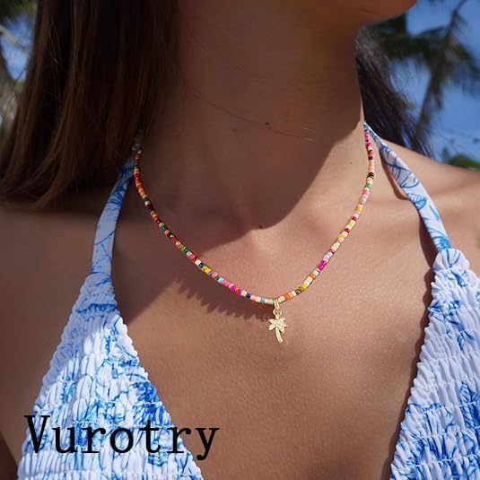 Palm Tree Necklaces for Women Palm Tree Beaded Necklace Beachy Waterproof Colorful Beaded Pendant Necklace Jewelry - Image 6