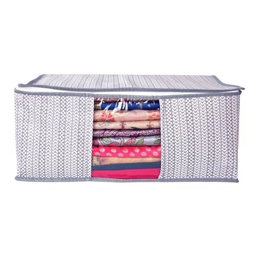 Image of Non-Woven Saree Covers with Zipper and Transparent Window - Clothes Storage Bag for Wardrobe Organization (Grey, PACK OF 9)