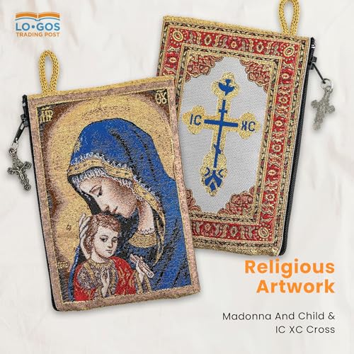 Image of Catholic Rosary Pouch, 4 inch x 6 inch Jewelry & Coin Purse with Cross, Small Woven Tapestry Icon Bag, Bolsa de Rosario Catolico para Joyeria, Madonna and Child & IC XC Cross - Red, 4 inch x 6 inch