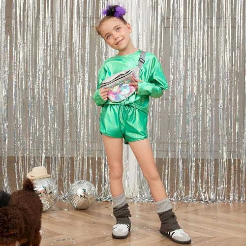 Image of Perfashion Girls Metallic Shirts Shiny Tie Front Knot Crop Top with Arm Sleeves for Dancing Raves Festivals 4-15 Years