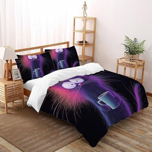 Housse de couette super king anti-pli en microfibre imprimé chat violet