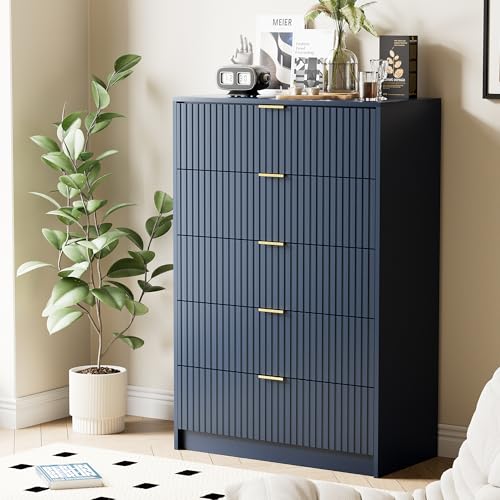 Image of Furniway Blue Dresser for Bedroom, Modern Dresser with 5 Drawers and Smooth Slides, Wide Chest of Drawers with Golden Handles for Bedroom, Living Room, Closet, 15.7 inch D x 31.5 inch W x 47.2 inch H