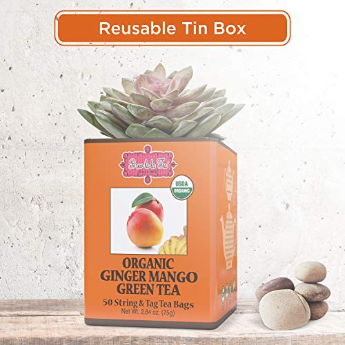 Image of Brew La La Organic Green Tea - Ginger Mango Flavor - 50 Tea Bag Tin - Low Caffeine - USDA Certified Organic