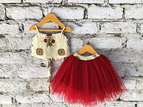 Image of ANNECA baby girl's designer rayon cotton modern crop top and naylon soft net knee lenth skirt clothing set