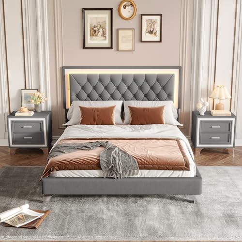 Harper & Bright Designs 3 Pieces Bedroom Sets, Farmhouse Queen Size Upholstered Platform Bed with Headboard, LED Lights and 2 Nightstands, Modern Queen Bedroom Furniture Sets(Gray)