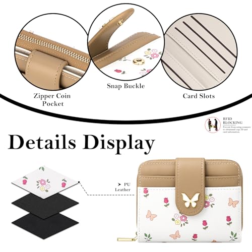 Image of BIAOTIE Wallet for Women Cute Floral Flower Wallet RFID Credit Card Holder Purse Small Bifold Zipper Coin Pocket Purse with ID Windows (Butterfly Khaki)