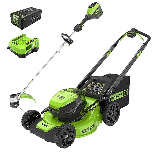 Greenworks 80V 21´´ Cordless Battery Push Lawn Mower,16´´ Cordless Battery String Trimmer Combo Kit w/(1) 4Ah Battery & (1) 4A Rapid Charger