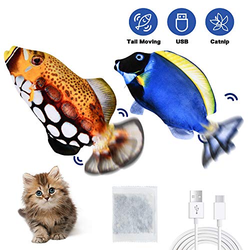 PetIsay Eléctrica Pez Gato Pateador Juguete con Hierba Gatera, Pez de Juguete en Movimiento Realista, Juguete Gato Pez Bailando(Triggerfish+Blue Tang)