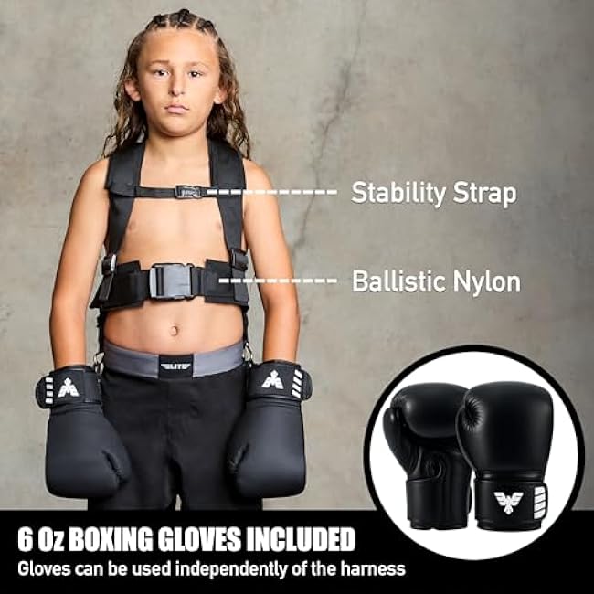 Elite Sports Kids Boxing Harness with 6oz Gloves ¨C Adjustable Resistance Bands (3 Levels), Stability Strap, Padded Shoulder & Back, Ballistic Nylon, Quick-Release Buckle ¨C Youth Training Gear