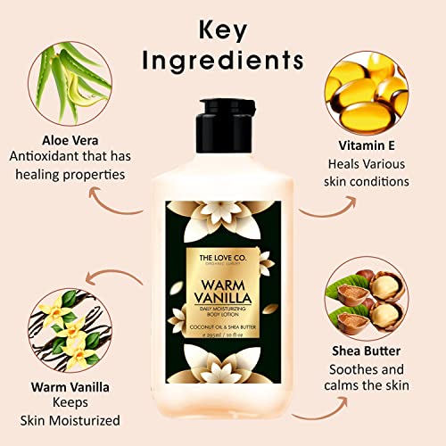 Image of THE LOVE CO. Warm Vanilla Body Lotion - Nourishing Formula for Dry Skin - Women & Men - Enhanced with Jojoba Oil, Shea Butter, Vitamin E - 250Ml - Best for Daily Moisturizing - Pack of 2
