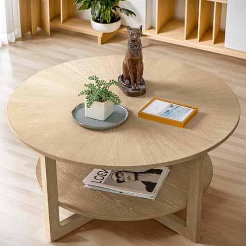 Round Solid Wood Coffee Table with Storage Shelf for Living Room, Large Circle Design - Light Oak Brown