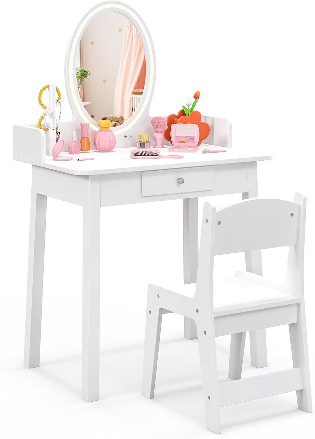 GLACER Kids Vanity, Wooden Toddler Vanity with Lighted Mirror, Drawer, Jewelry Rack, Princess Kids Vanity Table and Chair Set, Girls Vanity for Little Girls Ages 3-8 (White)