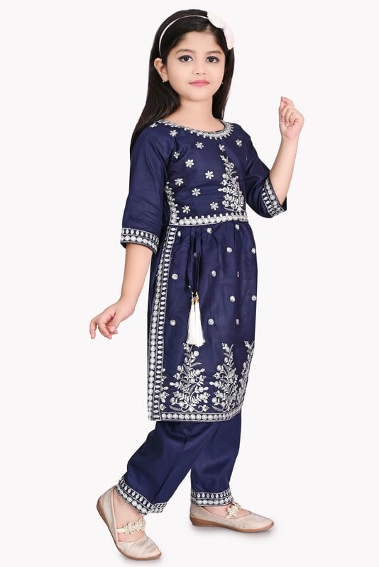 Image of Girls Ethnic Cotton Kurta and Straight Pant Set with Silky Dupatta