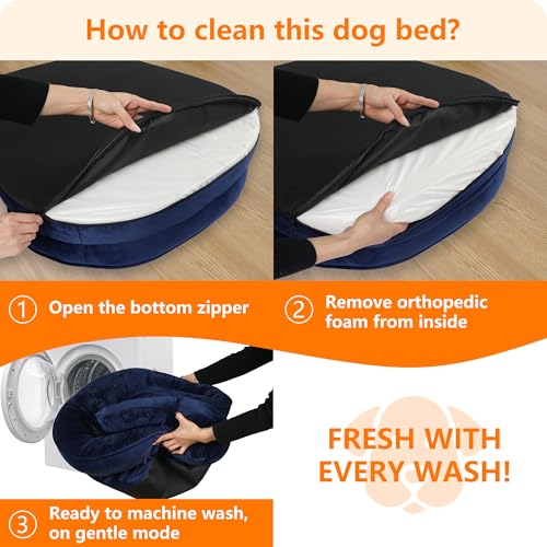 HMTOPE Orthopädisches Hundebett, Hundesofa, Vierseitiges Nackenrolle Kissen, rutschfeste Unterseite Hundekorb, Abnehmbar und Waschbar, Mittelgroße Hunde, Grosse Hunde, 106 x 79 x 17 cm, Navyblau