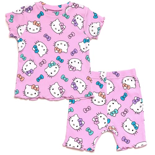 Image of Hello Kitty Ribbed T-Shirt and Shorts Outfit Set Newborn to Little Kid Sizes (0-3 Months - 7-8)