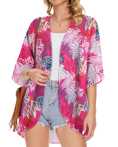 Image of Women's Floral Print Puff Sleeve Kimono Cardigan Loose Cover Up Casual Blouse Tops 2026