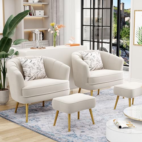 Image of Andeworld Velvet Accent Chair with Ottoman, Barrel Armchair, Beige | Velvet Upholstery Side Chair, Includes Ottoman, Golden Metal Legs, 350 Lb Capacity, Living Room Bedroom Office