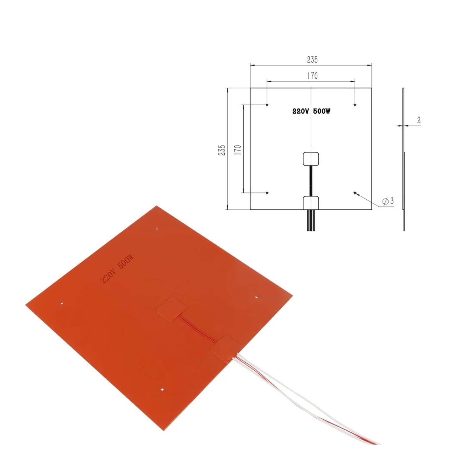Aixinong1 Almohadilla calefactora de cama caliente de silicona de 24V/220V adhesivo calentado de 500/750W + termistor | Piezas de impresora 3D de 220*220/235*235/300*300/310*310 mm(310mm 220V 750W)