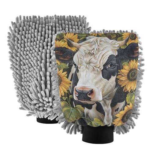 ALAZA Cow and Sunflower Car Wash Mitt Scratch Free, 2 Pack Absorbent Microfiber/Chenille Washing & Drying Mitts, M