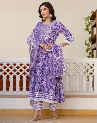 Image of SKYLEE Cotton Printed, Embroidery and Mirror Work A-Line Kurta Set with Dupatta