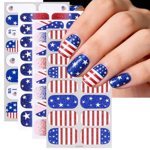 4 Sheets 4th of July Gel Nail Strips American Flag Gel Nail Strips Polish Wraps Supplies Self Adhesive Independence Day Gel Nails Sticker Full Nail Wraps Patriotic USA Designs for Women Manicure Tips