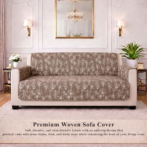Image of STITCHNEST 'Opulence Series' Floral Woven Sofa Cover for 3 Seater | Premium Soft Fabric Sofa Protector | Beige Floral Pattern with Armrest Pockets | Durable Living Room Furniture Cover