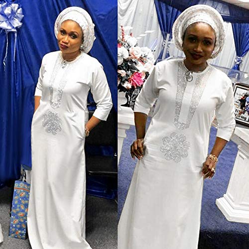 HD Upgraded Woman's Diamond-Bordered All White Dress Female Slim Fit Maxi African Dress with Headwrap2