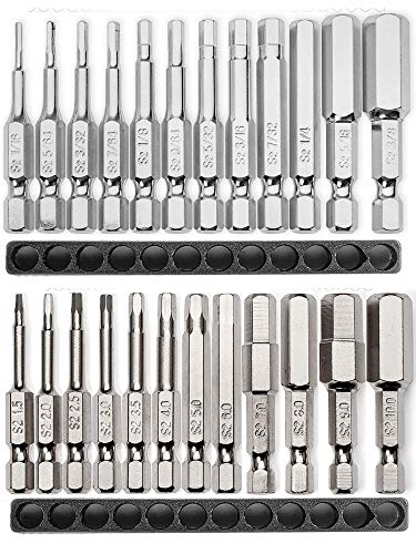 Allen Wrench Drill Bit Set (PREMIUM 24pc COMPLETE SAE and METRIC SET) /w Storage Case and Bit Holder - Hex Shank Magnetic Bit Set - THE GIFD COLLECTION - Fortified S2 Steel - Long 2in Heads for Drills