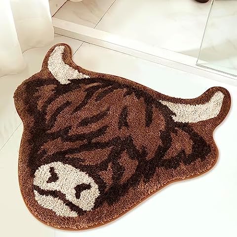 Percozzi Highland Cow Tufted Rug Bath Mat Scottish Long Horn Fluffy Cow Bathroom Shower Mat Softness Bathmat Aesthetic Floor Carpet for Bedroom Farmhouse Home 27.5" x 25.5" Cover