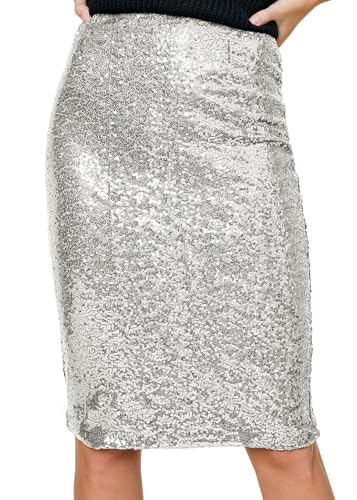 Anna-Kaci Women's High Waist Sparkly Sequins Midi Skirt Pencil Cocktail Party Skirt, Silver, Large