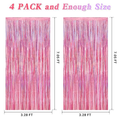 Image of 4 Pack Pink Backdrop, 3.28 FT x7.05 FT Foil Fringe Curtains, Metallic Glitter Pink Streamer Fringe Backdrop Foil Curtains, Laser Pink Birthday Party Valentines Day Decorations Bachelorette Decor