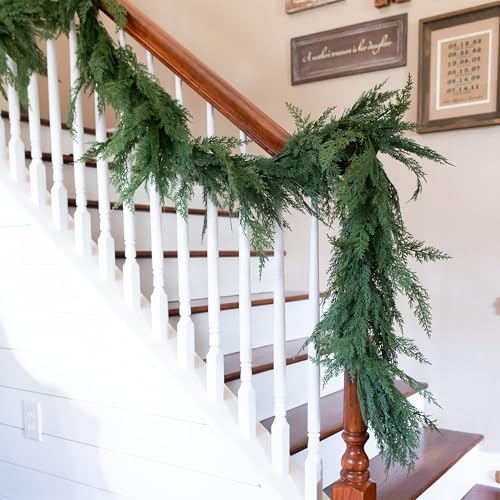 Vita Domi Real Touch Cedar Garland Artificial Realistic, Faux Cedar Garland Realistic, Realistic Christmas Garland for Mantle, Stairs, Table, Real Touch Garlands Fireplace (Extra Full, 6 Foot)