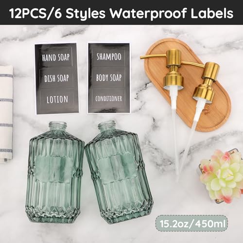 Image of Segbeauty 15.2oz Glass Shampoo and Conditioner Dispenser with Label Stickers, 2pcs Green Glass Soap Dispensers with Stainless Steel Pump, 450ml Lotion Pump Bottle Liquid Containers for Cream Body Wash