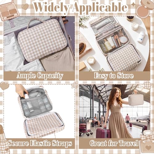 Image of Hanging Toiletry Bag for Women,Gingham,Brown