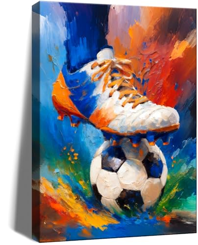 Image of Frimeeme Framed Soccer Canvas Decor & Wall Art, 12 inchX16 inchIn | for Modern Artwork Home Decor Bedroom Boys Room Teen Kids Playroom,Ready To Hang