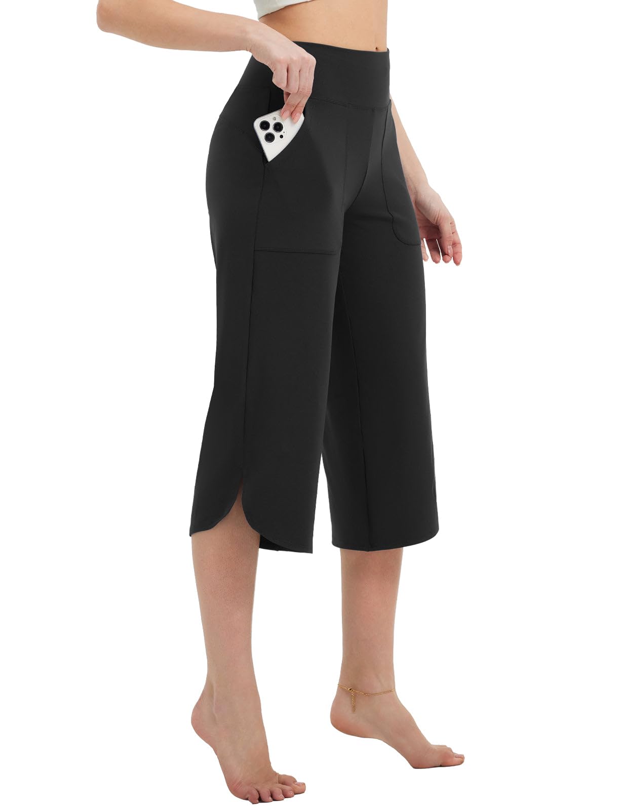 baleaf Capris Pants for Women Yoga Capri Leggings with Pockets Loose High Waist Crop Workout Pants Wide Leg Casual Summer L Black