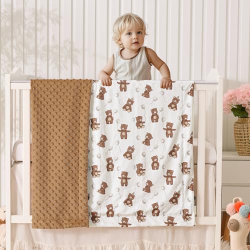 Image of PHF Minky Baby Blanket, 40x50 Inches Soft Double Layer Baby Blankets with Dotted Backing, Receiving Blanket Bed Throws for Newborn, Infant, Babies, Teddy Bear