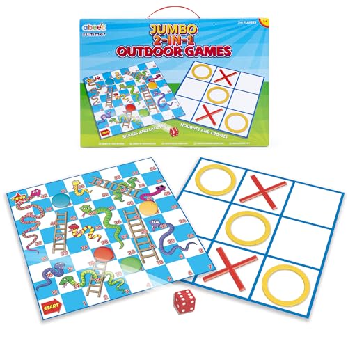 abeec Giant Snakes and Ladders Garden Game for Kids | 2 in 1 with Giant Noughts and Crosses | Two 90cm Mats Oversized Pieces and Ground Pegs | Outdoor Family Game Ages 3+