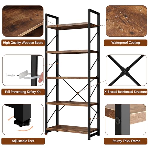 Shintenchi 5 Tiers Bookshelf, Classically Tall Bookcase Shelf, Industrial Book Rack, Modern Book Holder in Bedroom/Living Room/Home/Office, Storage Rack Shelves for Books/Movies-Rustic Brown
