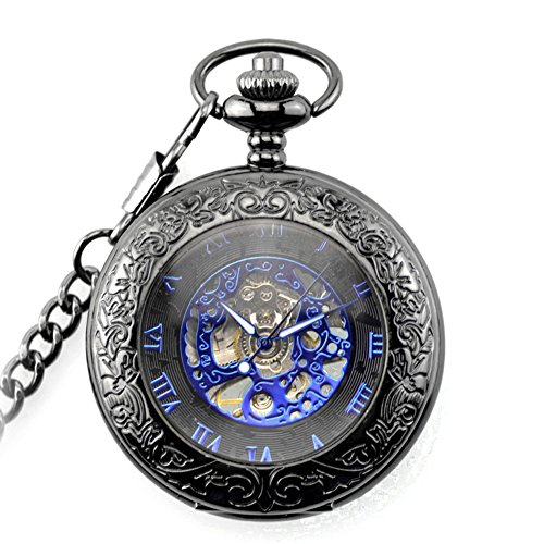 Men's Women's Pocket Watches with Chain,Luxury Blue Pocket Watches for Women,Hand Wind
