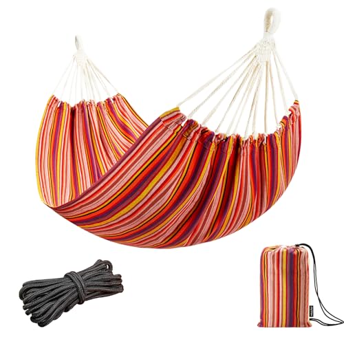 Image of JoyView Brazilian Hammock for Single Preson Portable Hammock with Hanging Ropes & Carry Bag Large 78.8x39.4 inch for Patio 300LBS Capacity Perfect for Outdoor /Indoor - Red Stripe