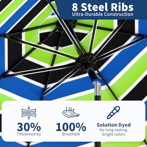 Patio Umbrella 9ft, Table Umbrella Outdoor Patio UV Protection with Crank Lift & Push Button Tilt, 8 Sturdy Ribs for Yard, Deck, Pool - Tricolor Stripe