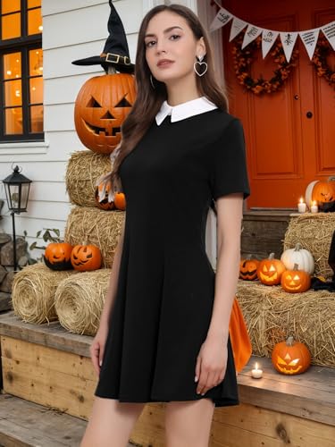 Allegra K Women's Short Sleeve Halloween Dresses Peter Pan Collar Casual Flare Skater Mini Vintage Dress 20253