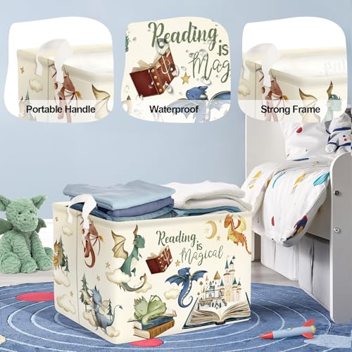 Image of Dinosaur Laundry Hamper Large Storage Basket Cartoon Dino Collapsible Parents Organizer Kids Toy Clothes Bins for Bedroom, Bathroom, Magic Books, 36L