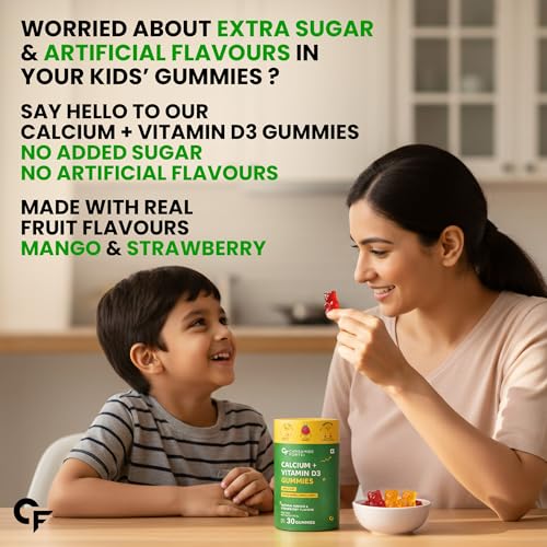 Image of Carbamide Forte Calcium for Kids + Vitamin D3 Gummies | Calcium Gummies for Kids With Phosphorus | Calcium Supplements For Growing Bones & Teeth | Mango & Strawberry Flavour | 30 Veg Gummy (Pack of 3)