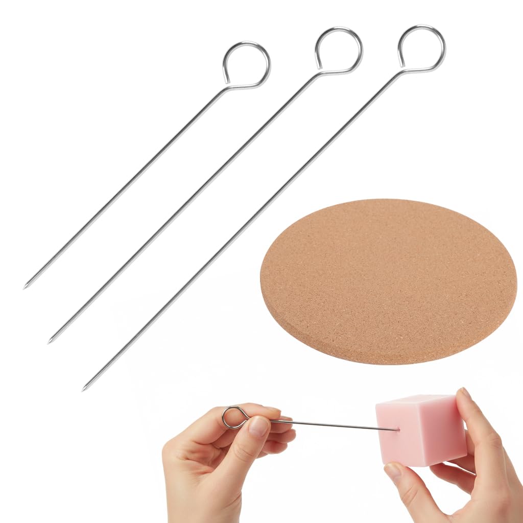 HASTHIP® 3 PCS Punching Needle - Candle Wick Inserting Tool with a Cork Mat for Molds Large-Eye Candle Wicking Needle Mold Punch Needles for Candles Making-picture-32