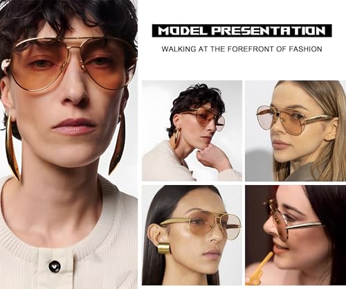 HYLLE Oversized Retro Gold Aviator Sunglasses Women Metal Trendy 70s Sun Glasses Shades Fashion Eyewear Champagne2